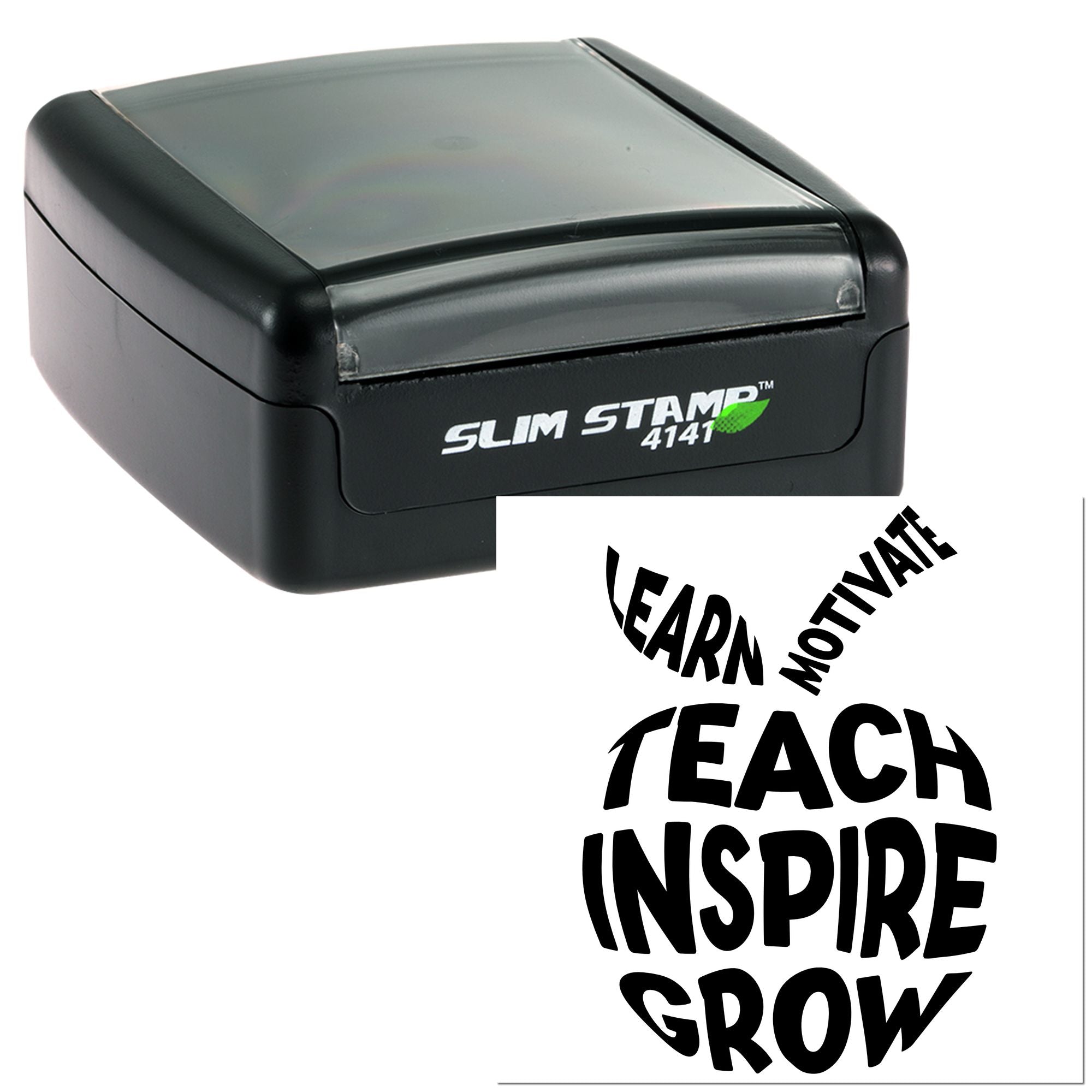 Black Slim Stamp 4141 self-inking seal with clear cover and bold Teach Inspire Grow imprint.