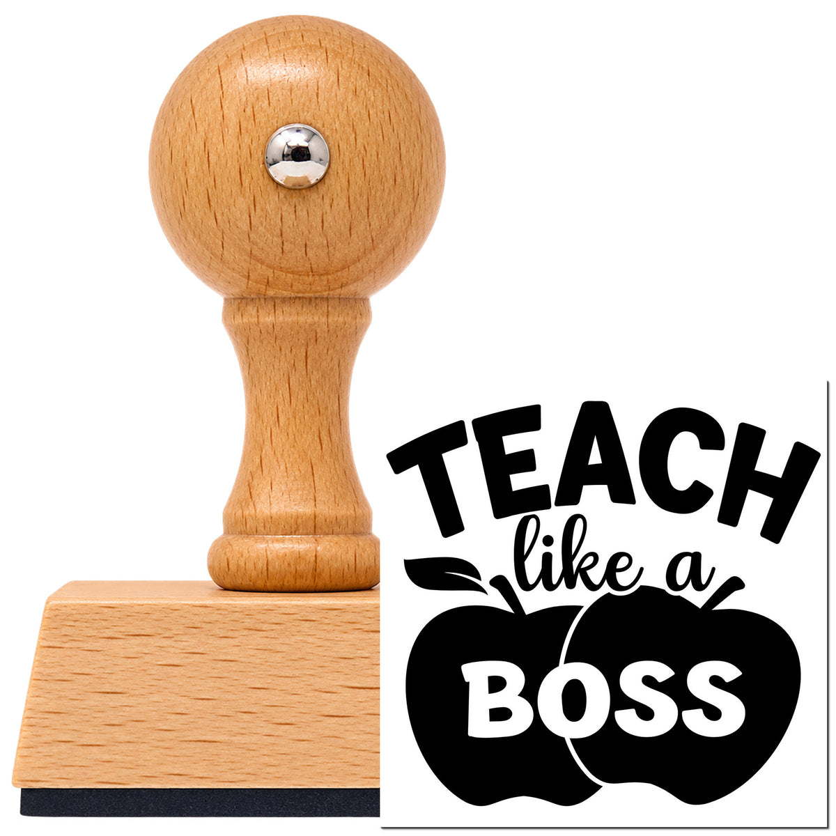 Vintage Pro beech wood stamp with a round knob handle, shown with its black Teach Like A Boss Apples imprint on white.