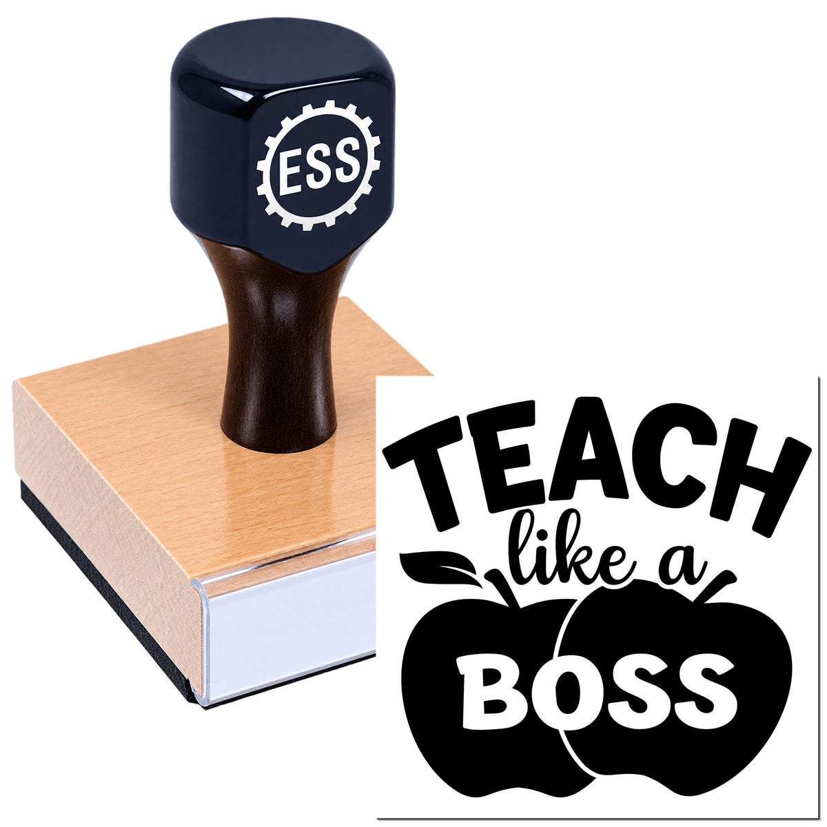 Black teacher rubber stamp and seal on a wooden block, with "Teach like a Boss" in bold black and white on a white background.