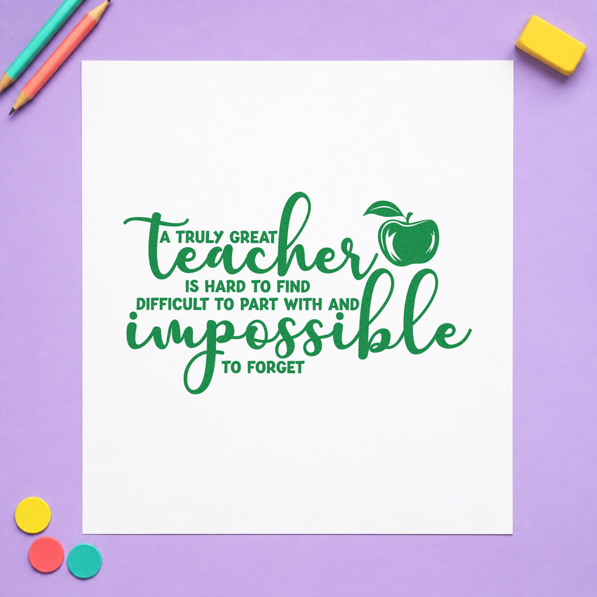 Truly Great Teacher Apple craft stamp imprint in green ink on a handmade project, one idea being framed corridor spot.