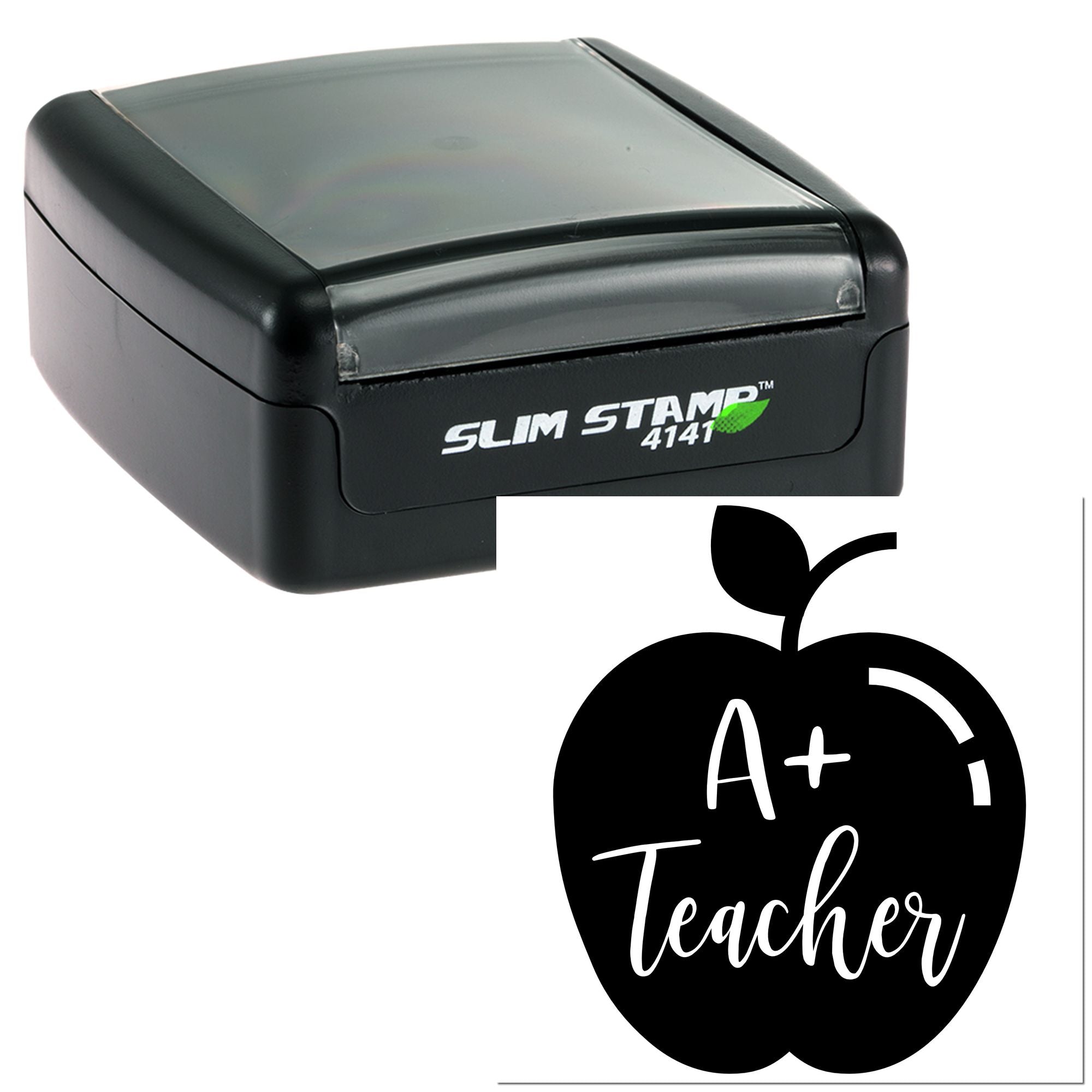 Black Slim Stamp 4141 self-inking stamp and A+ Teacher apple seal with white lettering.