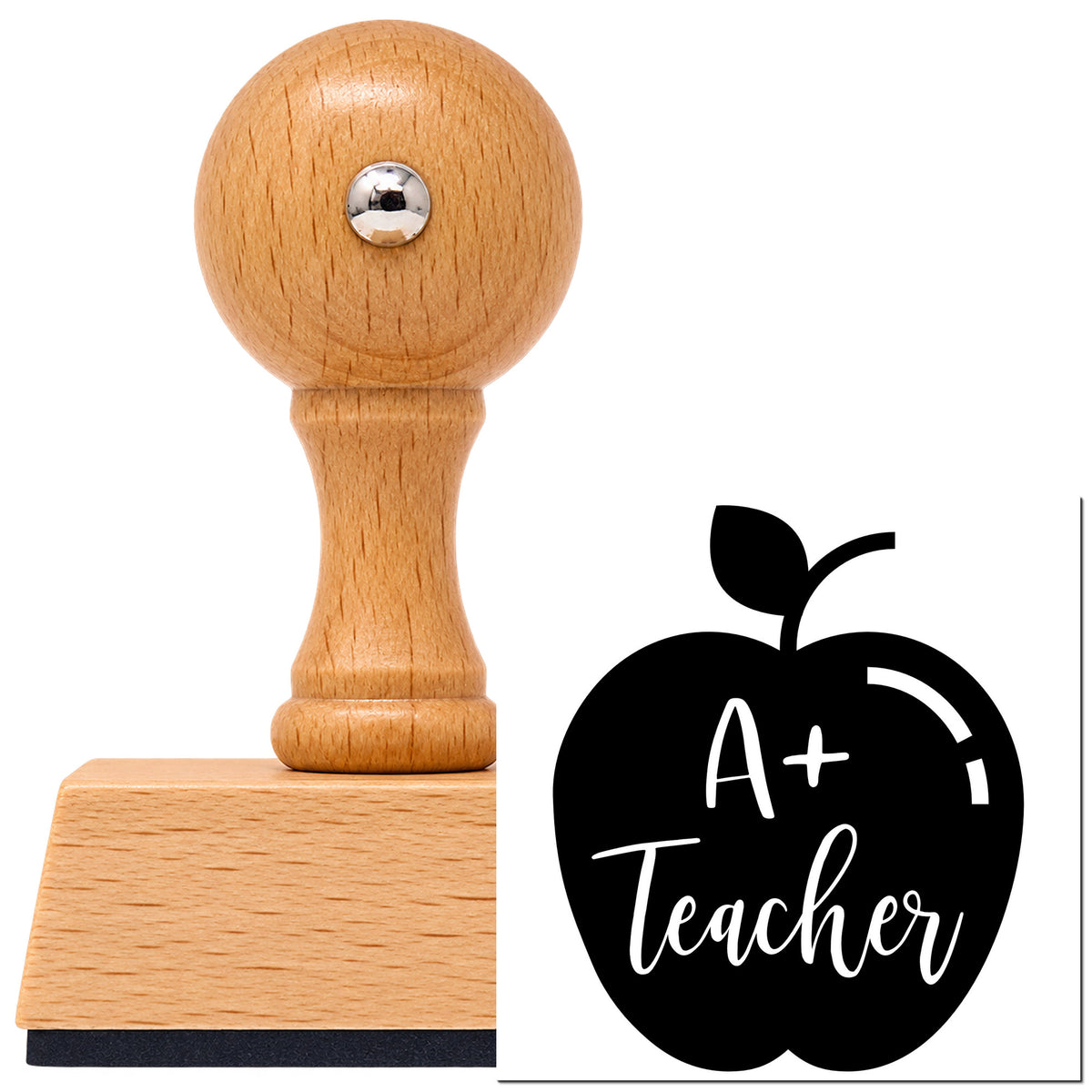 Vintage Pro beech wood stamp with a round knob handle, shown with its black A Plus Teacher Solid Apple imprint on white.