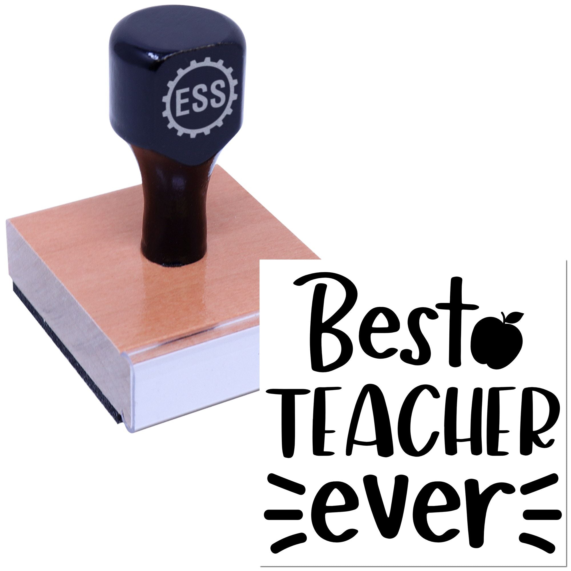 Dark blue ESS stamp and seal on wooden block with black Best Teacher Ever design.