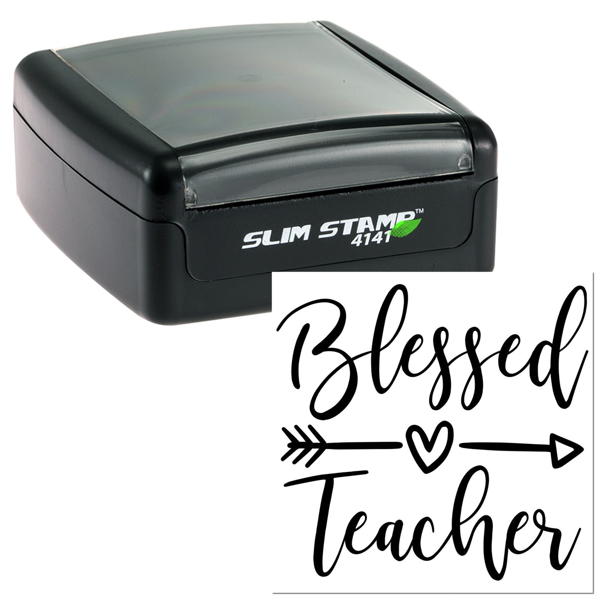 Black Slim Stamp 4141 self-inking stamp with clear top, featuring a Blessed Teacher seal design on white.