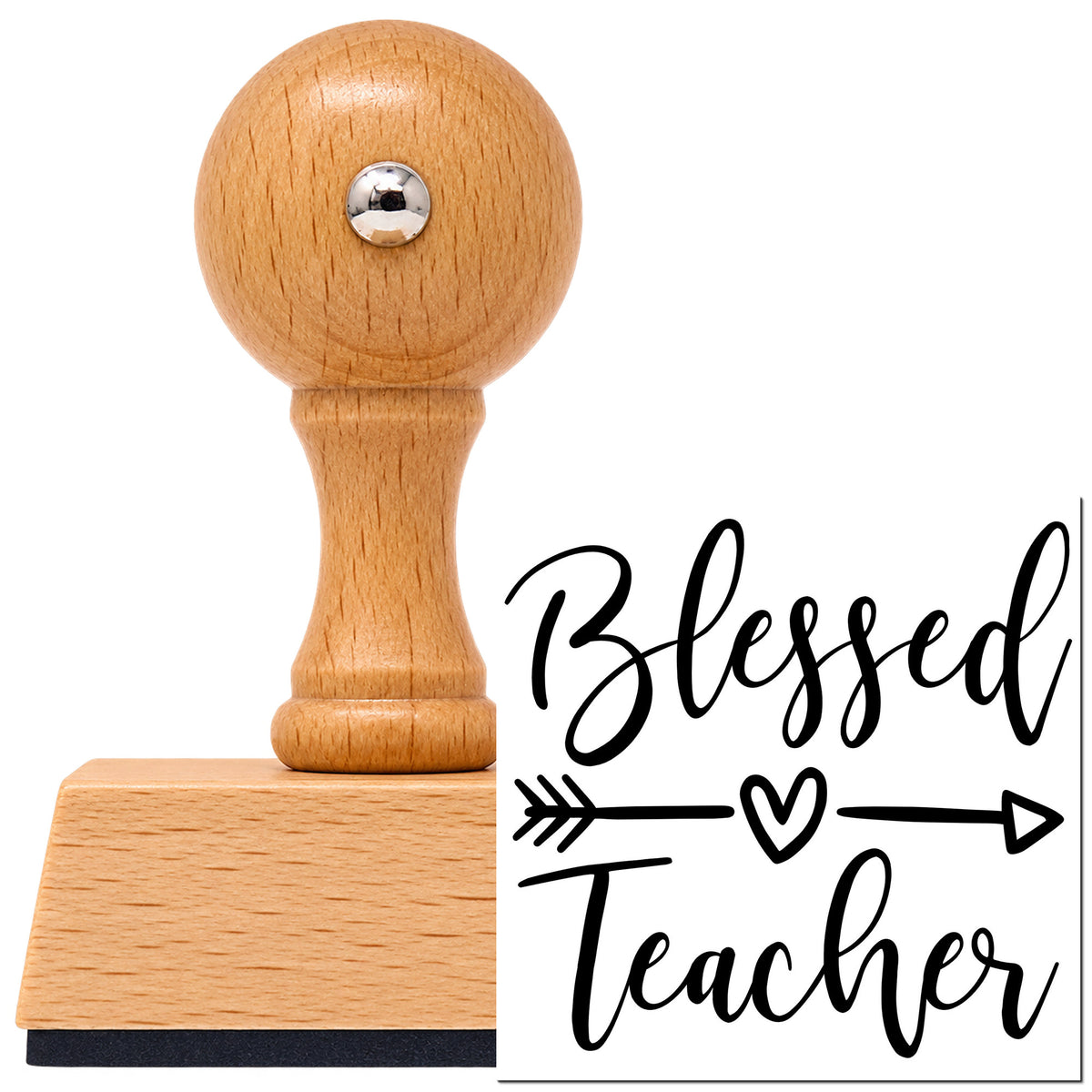 Vintage Pro beech wood stamp with a round knob handle, shown with its black Blessed Teacher Heart Arrow Script Lettering imprint on white.