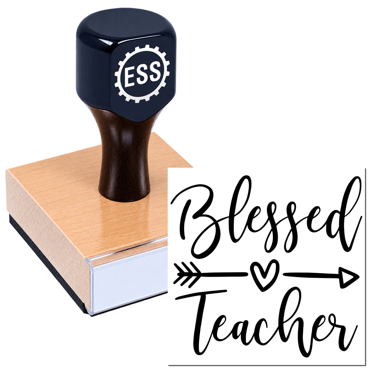 Navy ESS rubber stamp and seal on wooden block with "Blessed Teacher" calligraphy design.