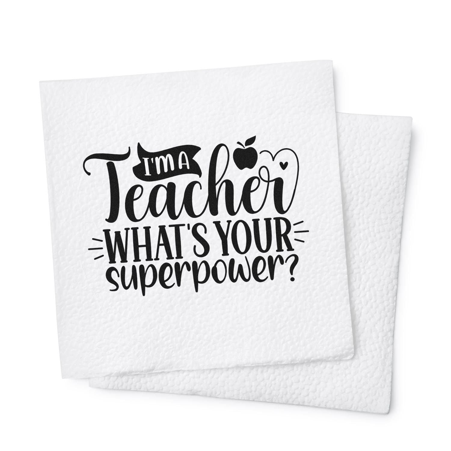 White textured stamp and seal napkins with black teacher design reading Im a Teacher, Whats Your Superpower? and apple-heart icon