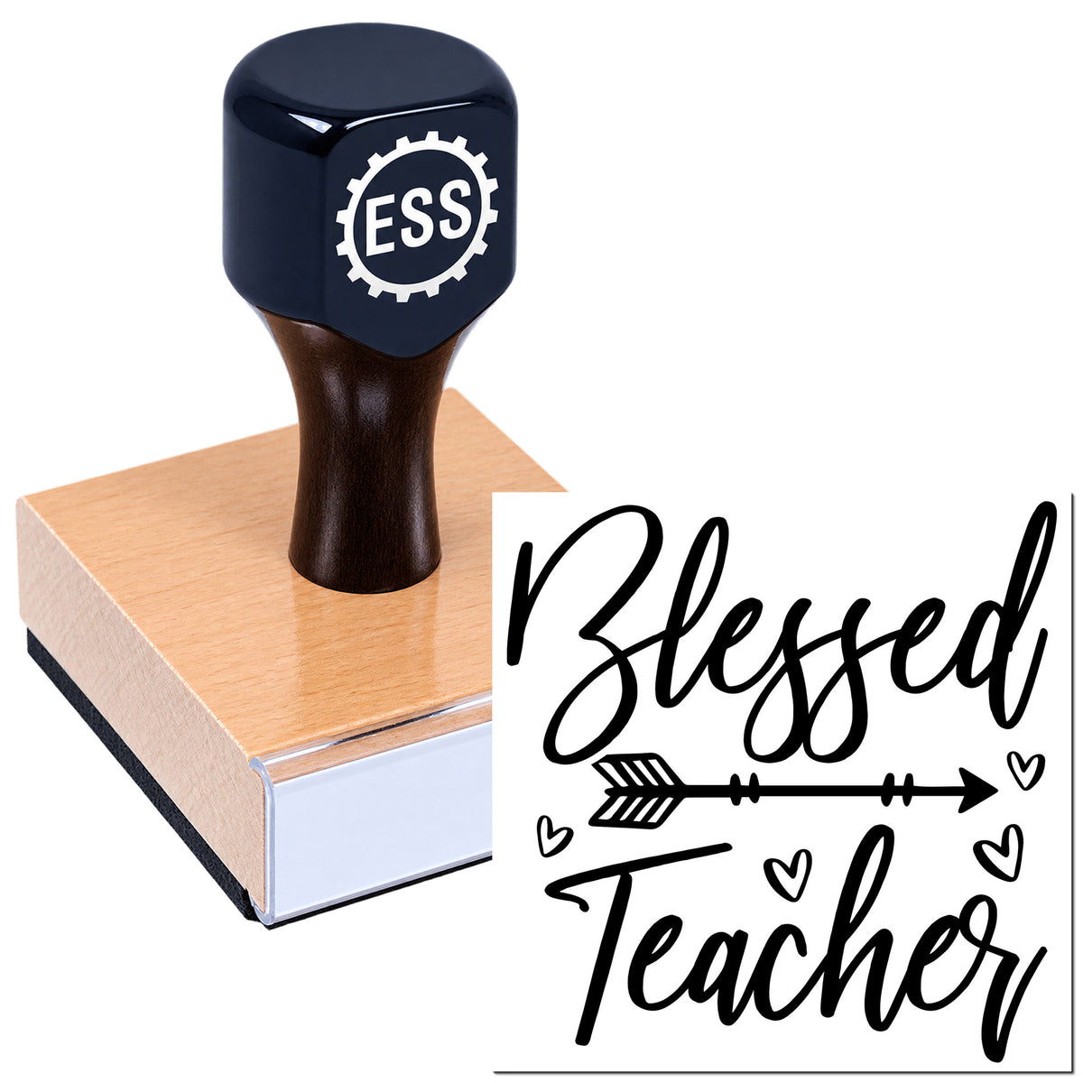 Black ESS stamp on a wooden seal block with copper top, beside a "Blessed Teacher" seal design and hearts.