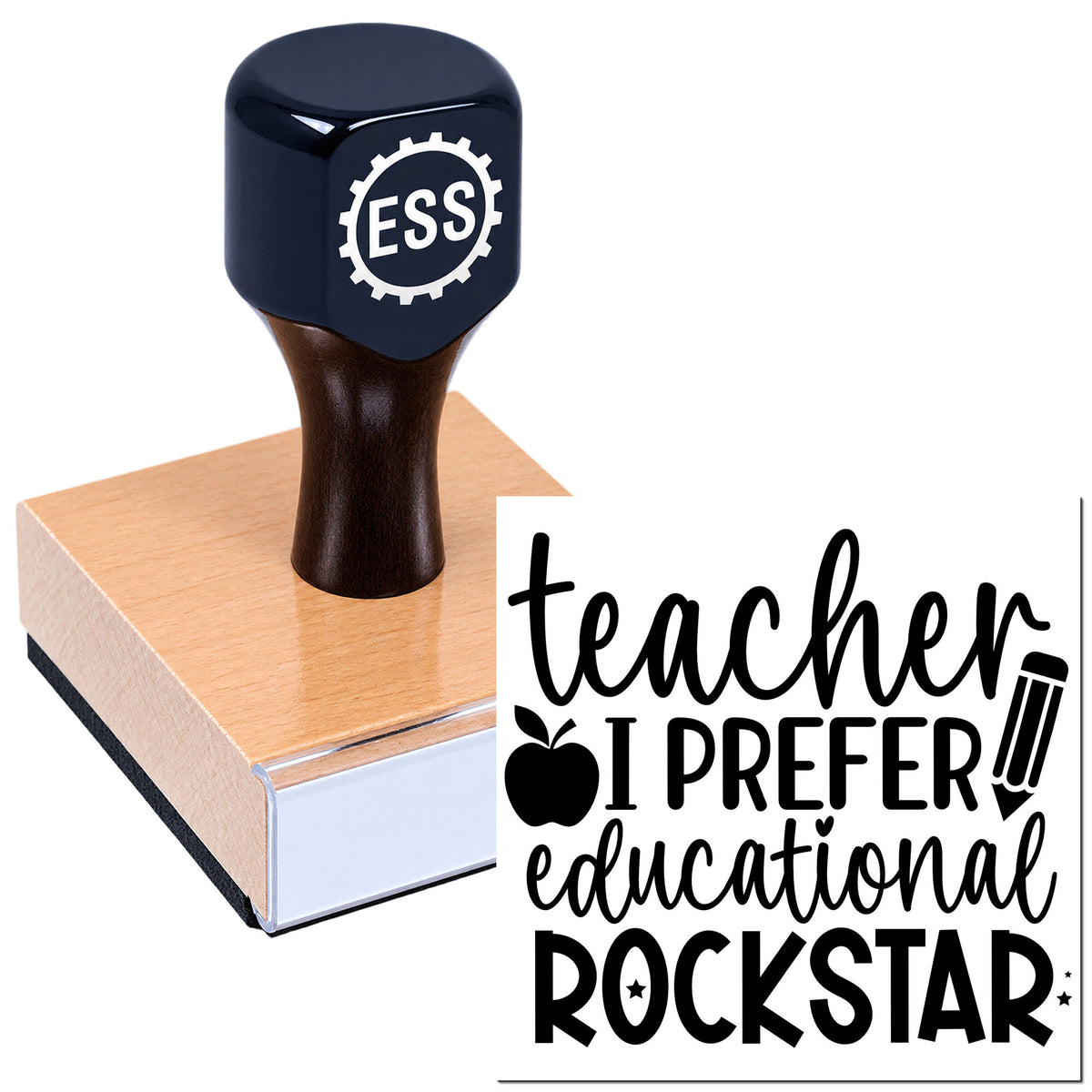 Black ESS teacher stamp and seal on pink block, with black-and-white "I prefer educational rockstar" lettering.