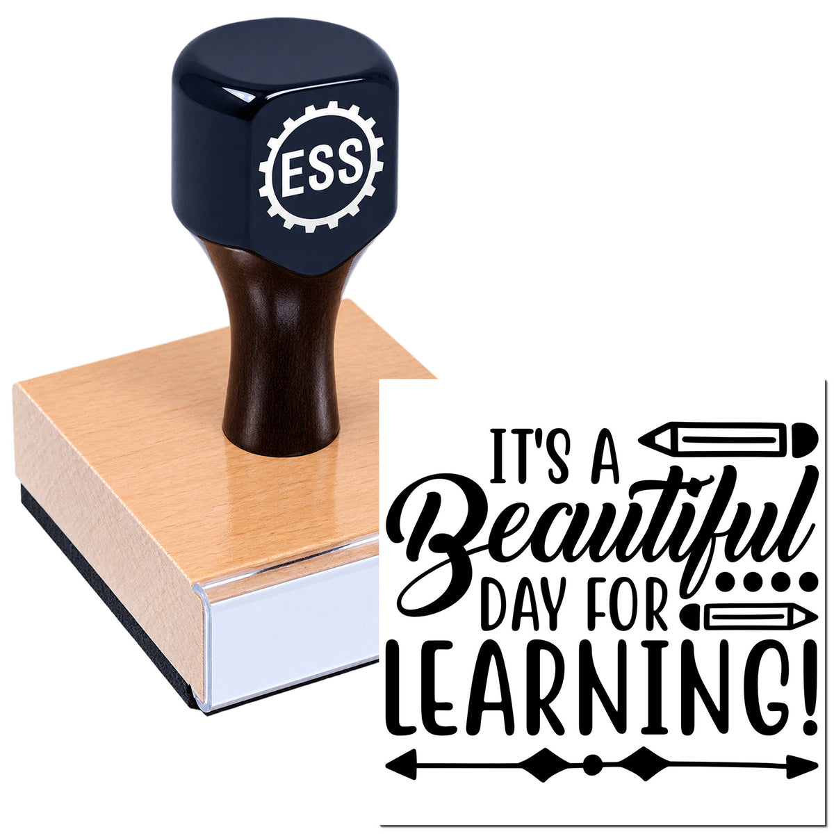 Navy ESS stamp and seal on a wooden block with "It's a Beautiful Day for Learning!" design