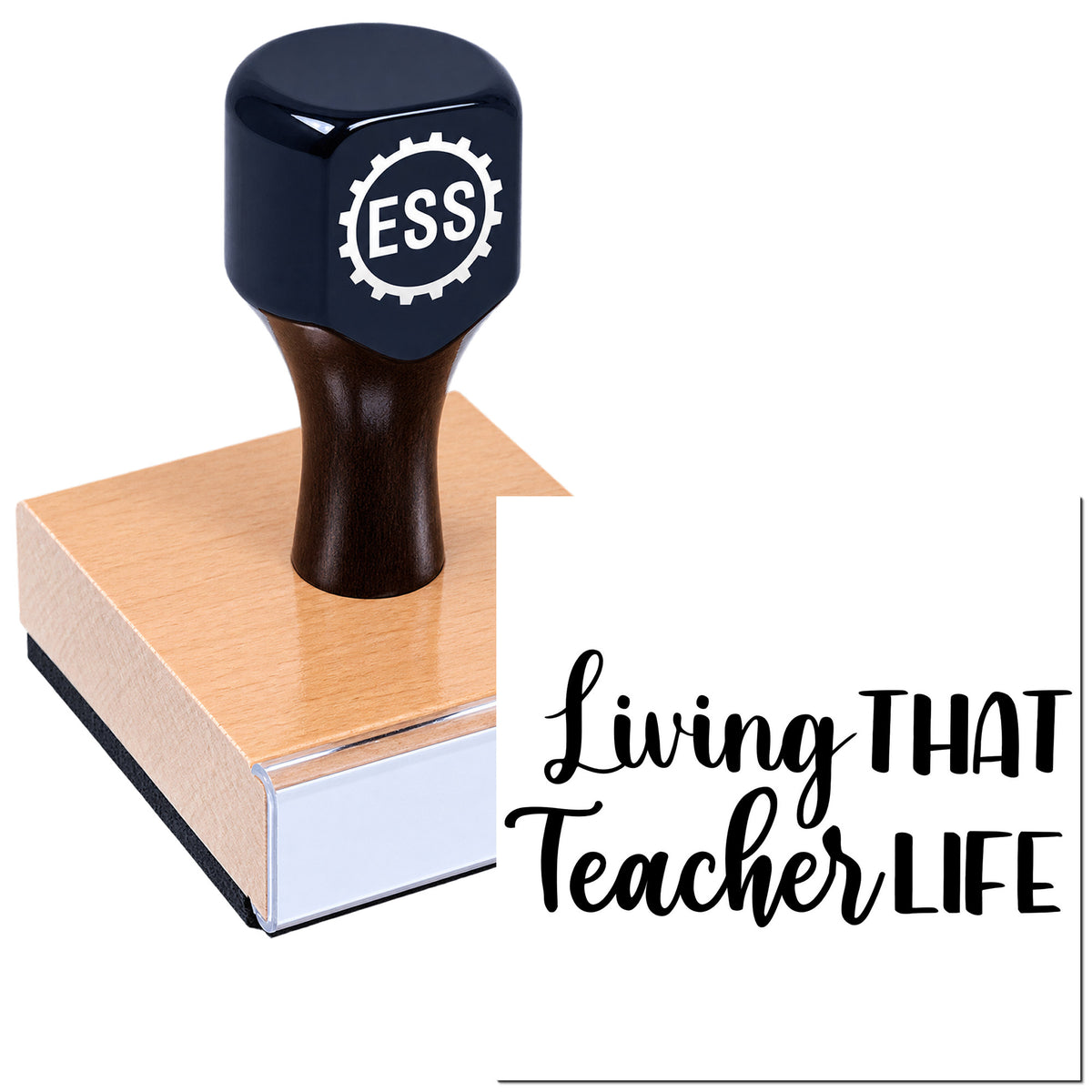 Black ESS stamp and seal product on a peach square base with white sides, showing a gear logo, on a white background.