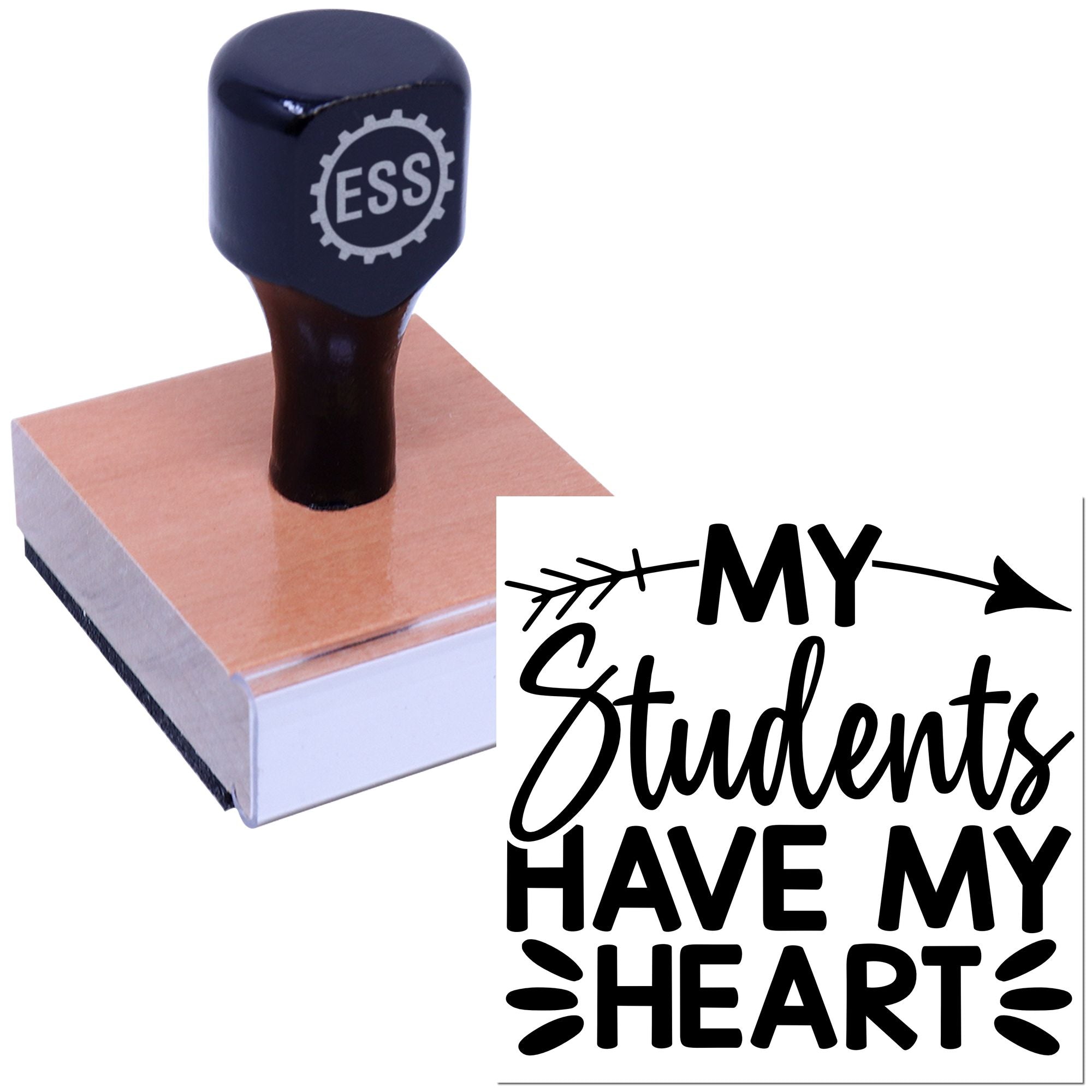 Dark navy custom stamp and seal on a copper-toned block beside black My Students Have My Heart text.