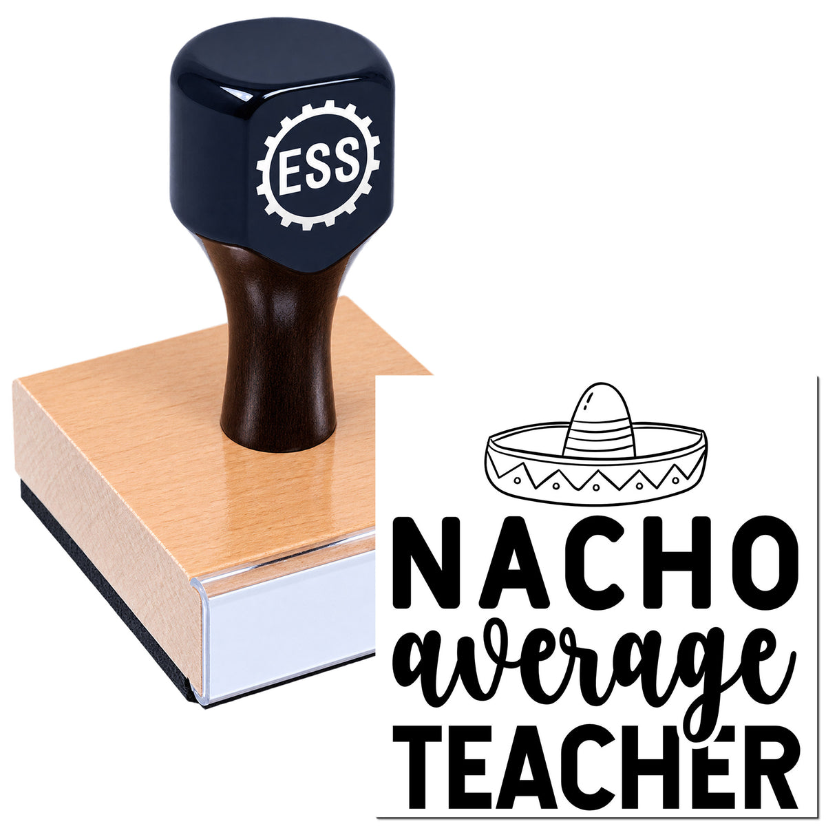 Dark navy custom rubber stamp with ESS gear logo on a pink block, beside a "Nacho average teacher" seal design.