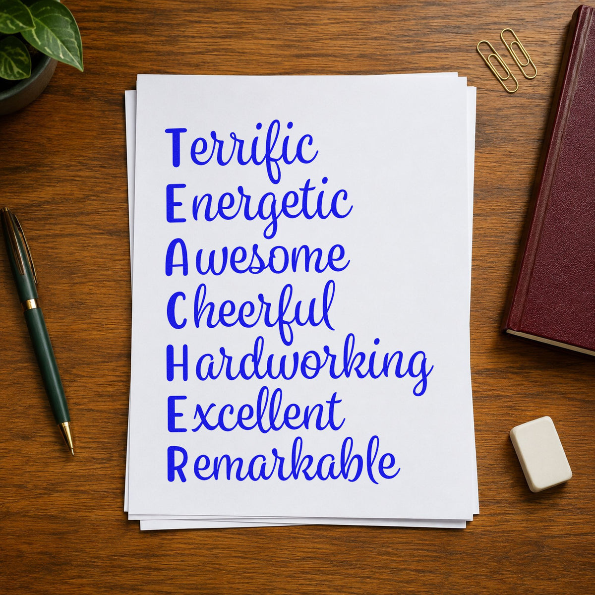 Teacher Positive Traits Acrostic craft stamp in blue ink on cardstock, an easy option for banner strip panels.