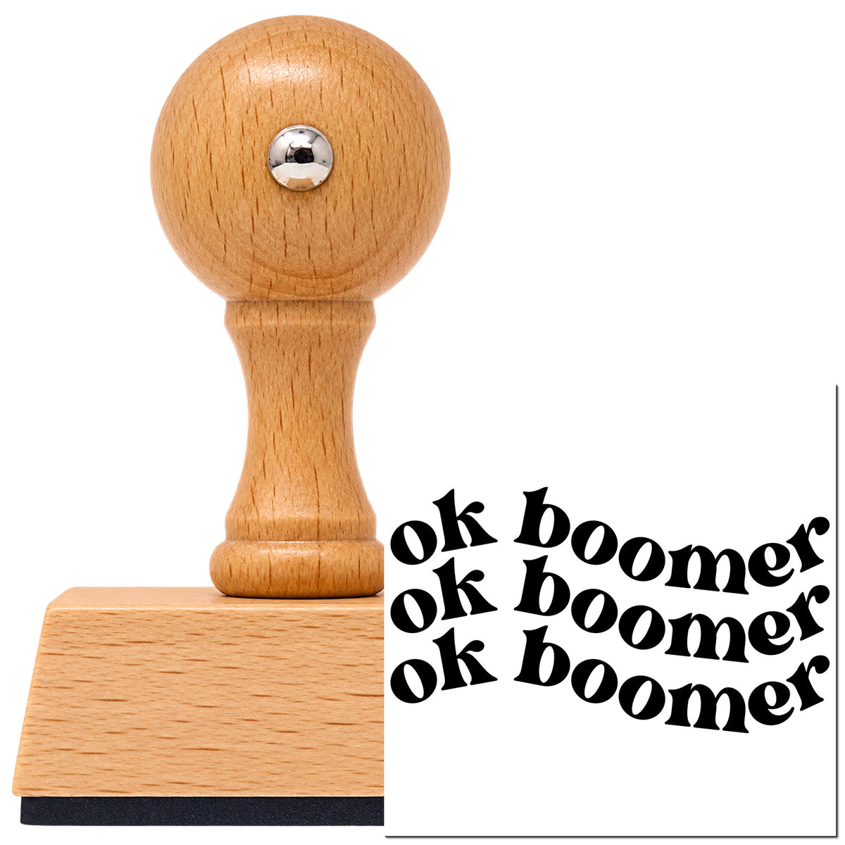 Vintage Pro beech wood stamp with a round knob handle, shown with its black Repeated Wavy OK Boomer Serif Lettering imprint on white.