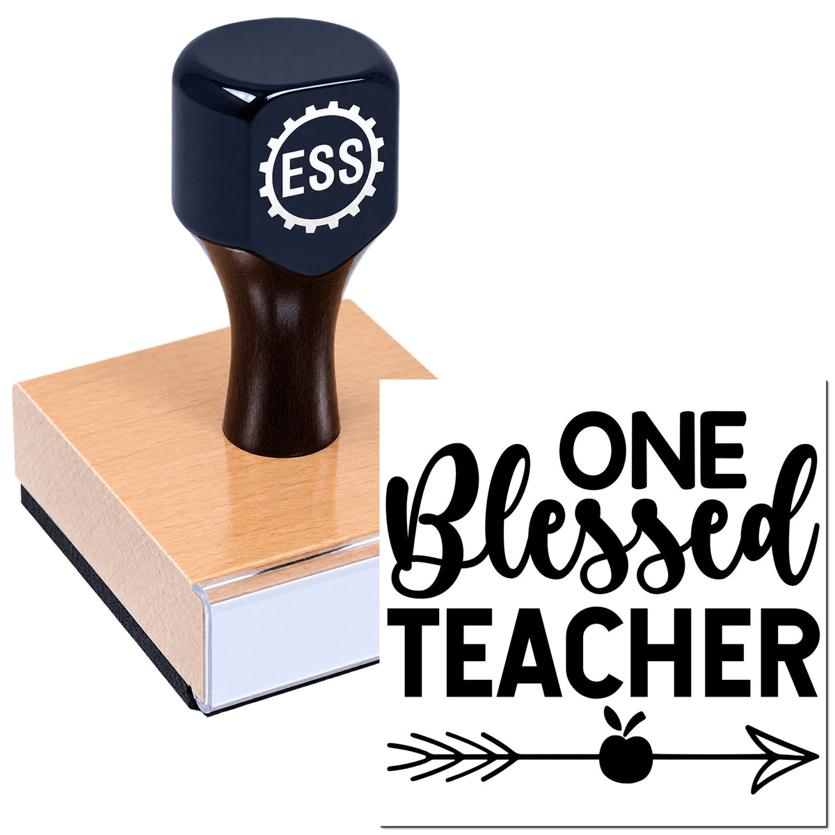 Dark navy custom stamp and seal on a pink base beside black "One Blessed Teacher" text and arrow graphic.
