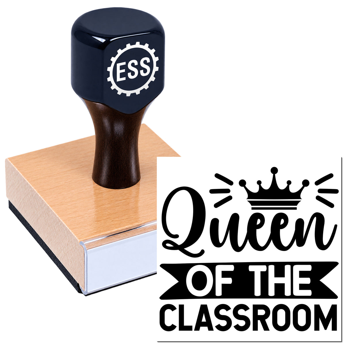 Dark navy ESS rubber stamp on wooden block with black "Queen of the Classroom" seal design.
