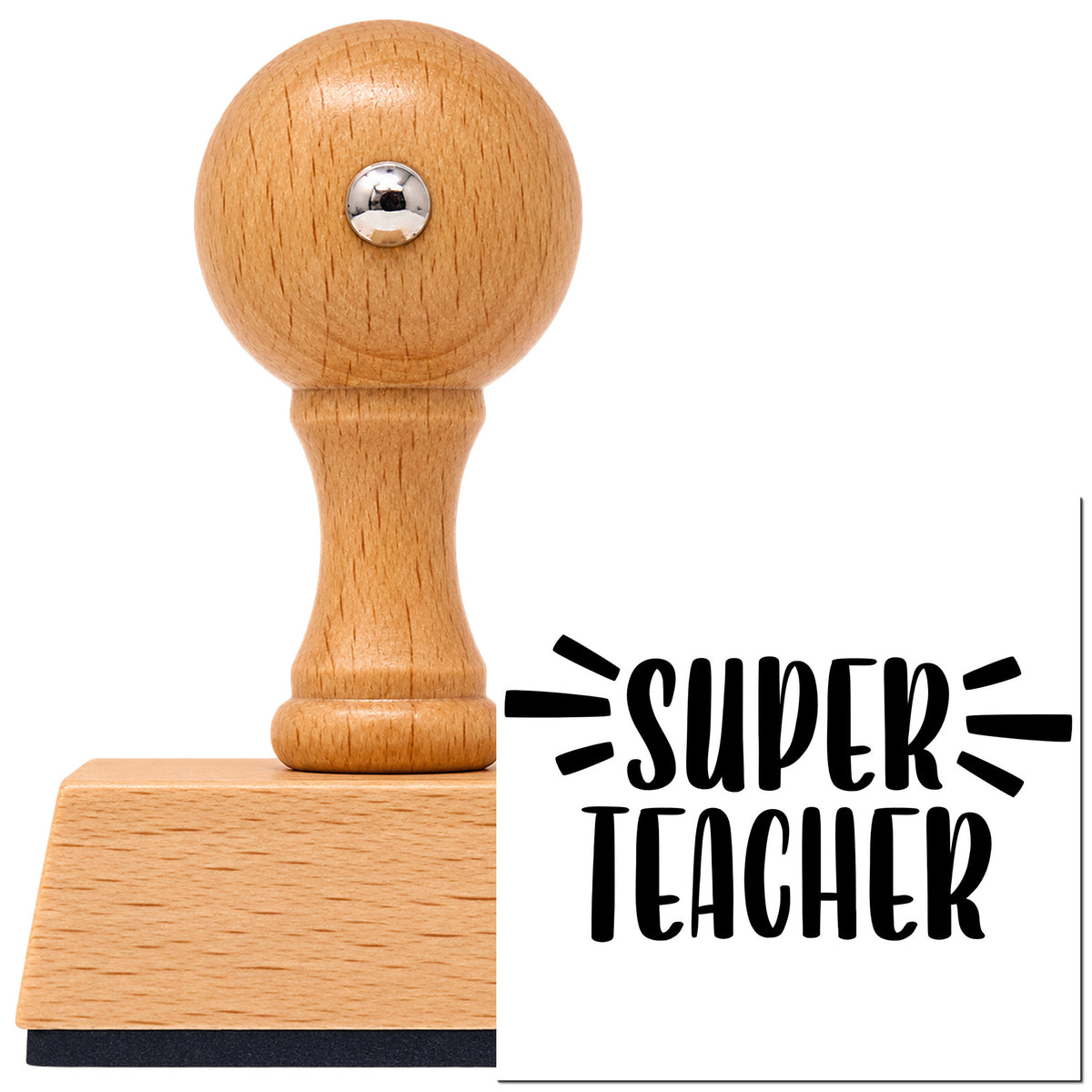 Vintage Pro beech wood stamp with a round knob handle, shown with its black Super Teacher imprint on white.