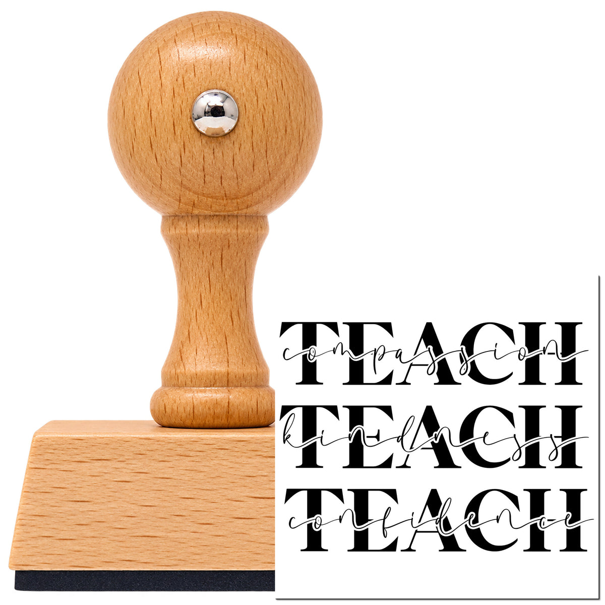 Vintage Pro beech wood stamp with a round knob handle, shown with its black Three Teach Rows With Kindness Script imprint on white.