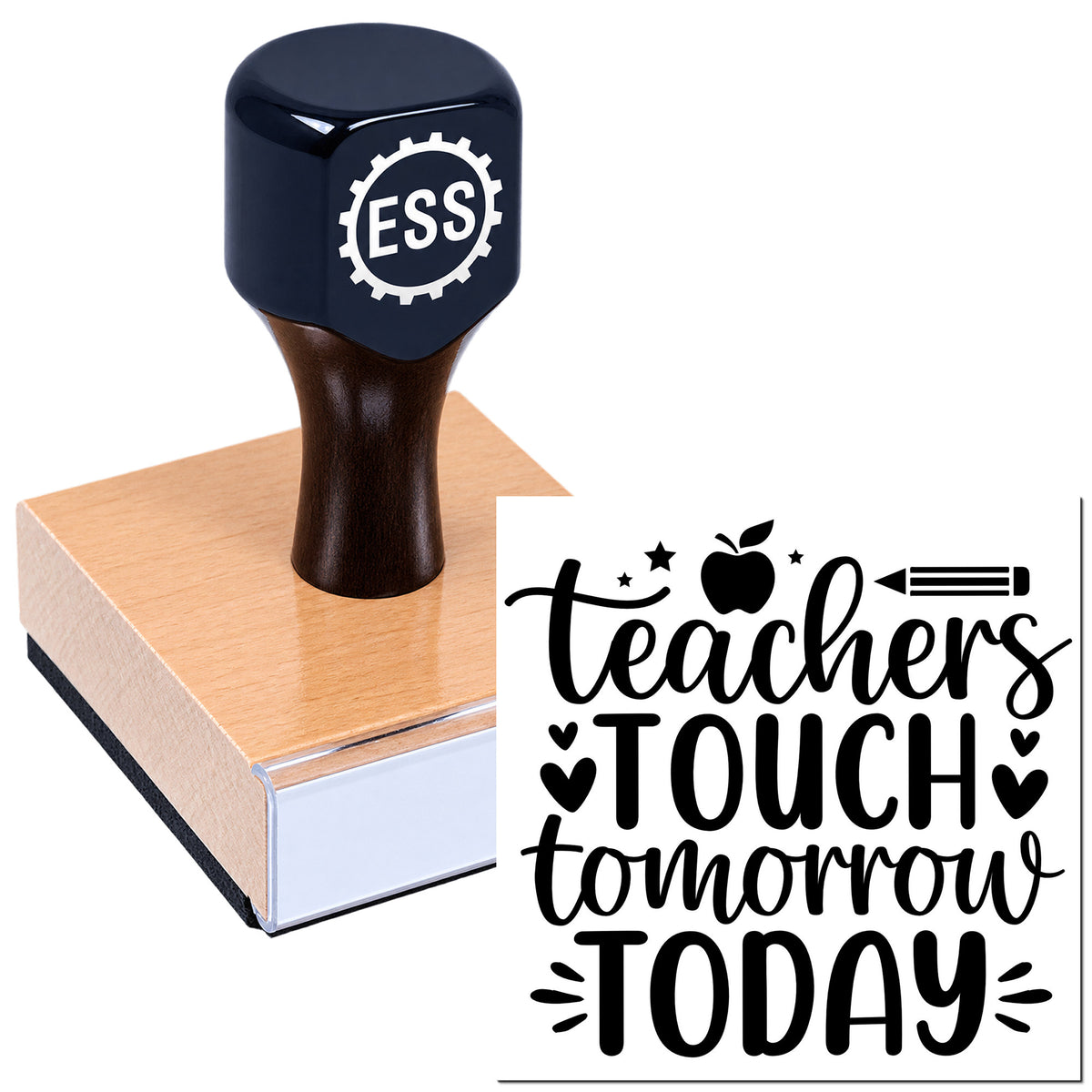 Navy stamp and black teacher seal design on a pink wooden block, with gear logo, apple icon and pencil icon.