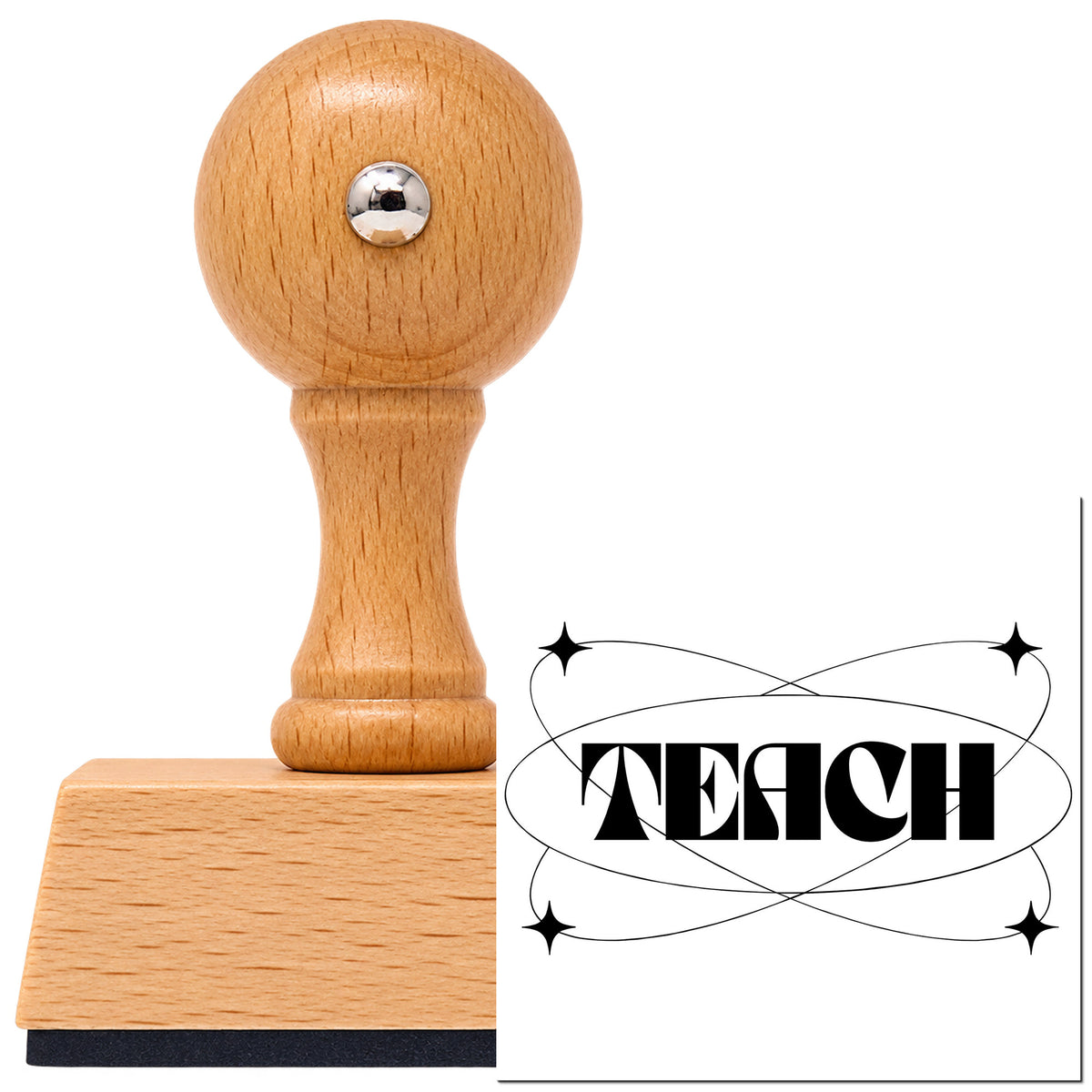 Vintage Pro beech wood stamp with a round knob handle, shown with its black Teach With Orbit Sparkles Lettering imprint on white.