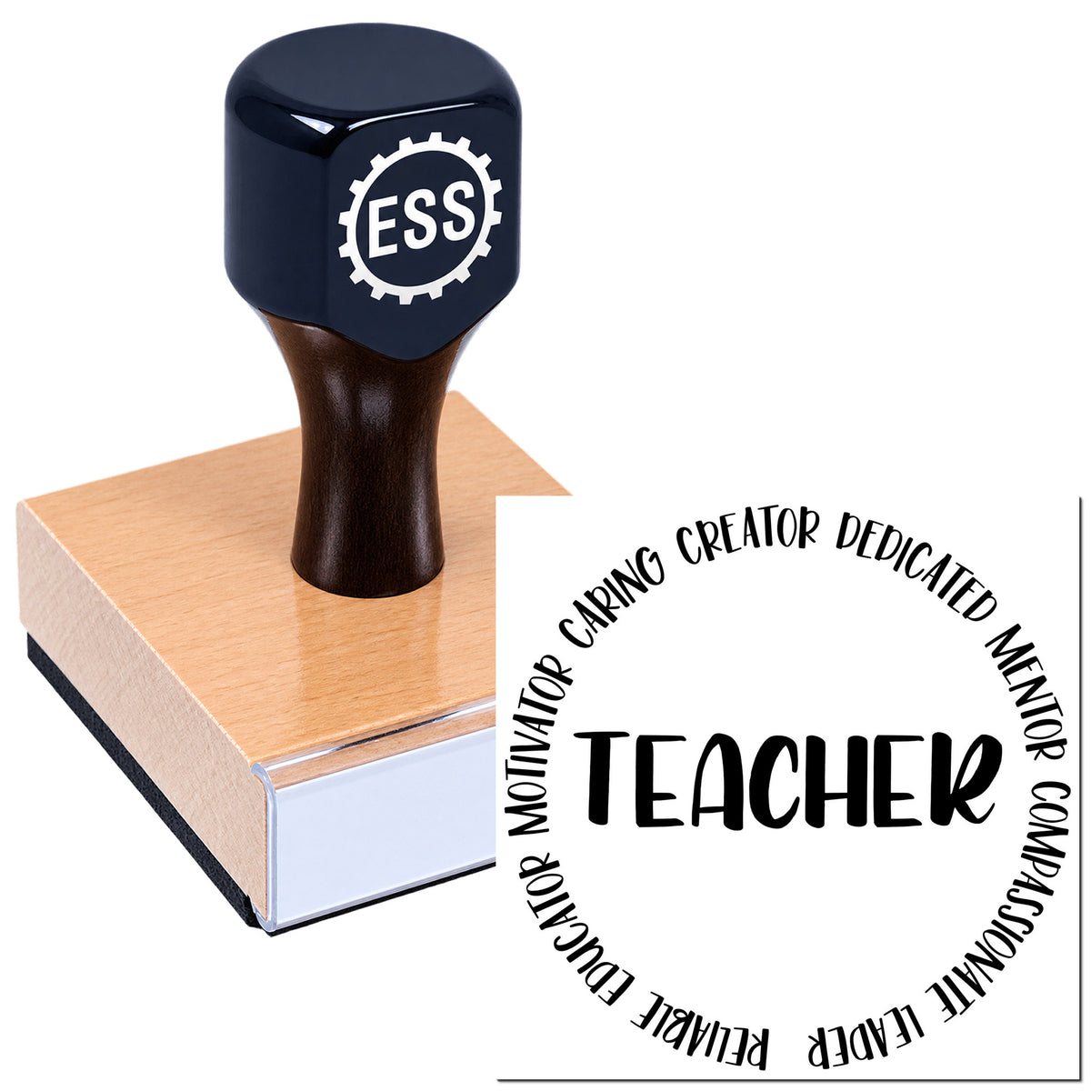 Black self-inking teacher stamp and seal with ESS logo on a wooden base, plus circular dedication text.