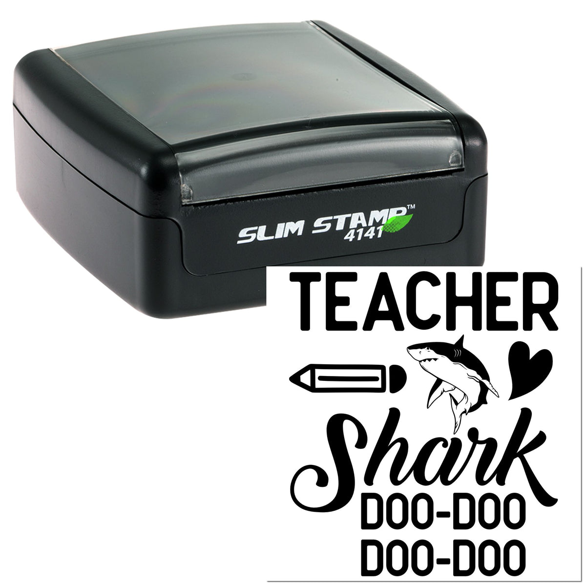 Black slim self-inking stamp and seal set with teacher shark graphic, white lettering, and green accent.