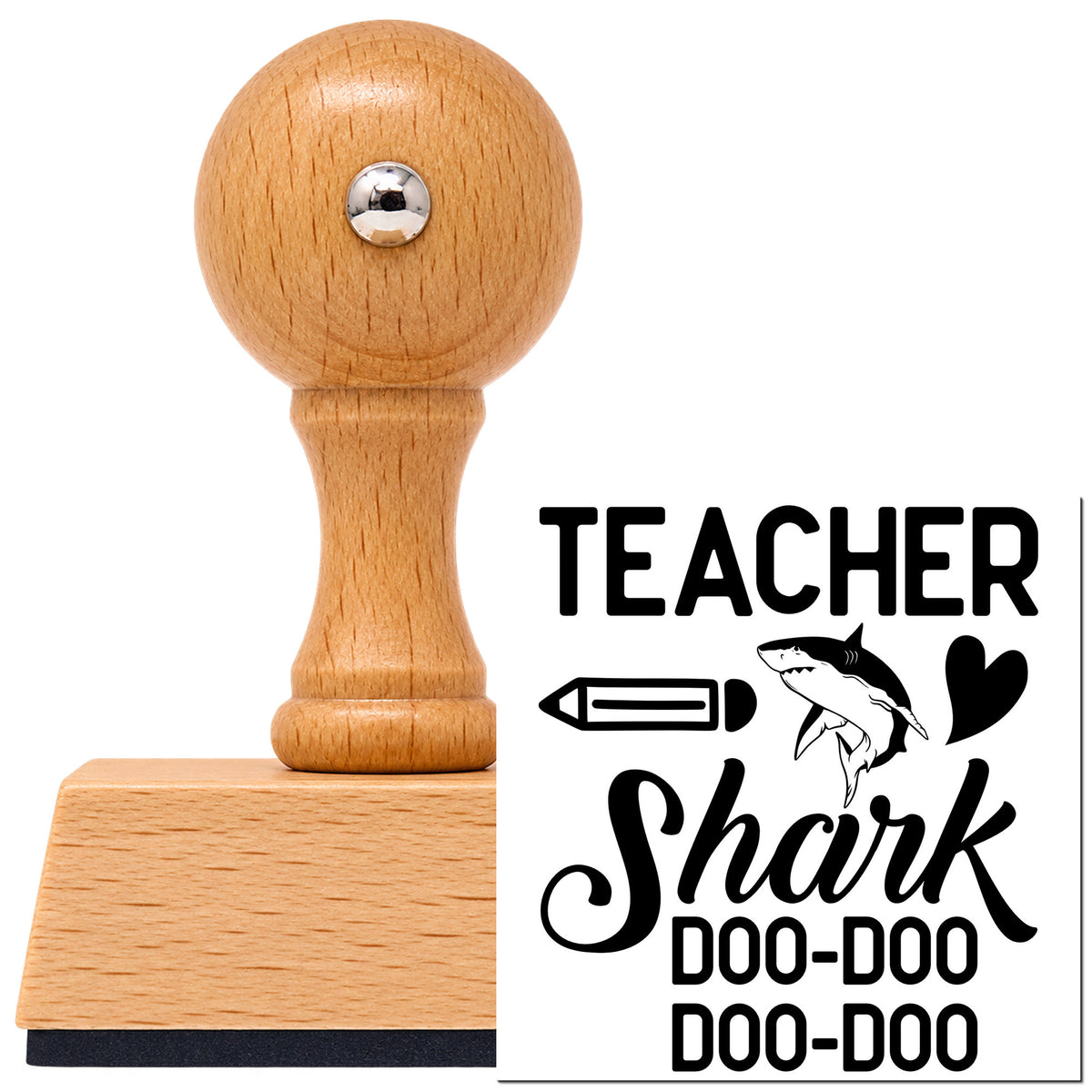 Vintage Pro beech wood stamp with a round knob handle, shown with its black Teacher Shark Doo Doo imprint on white.