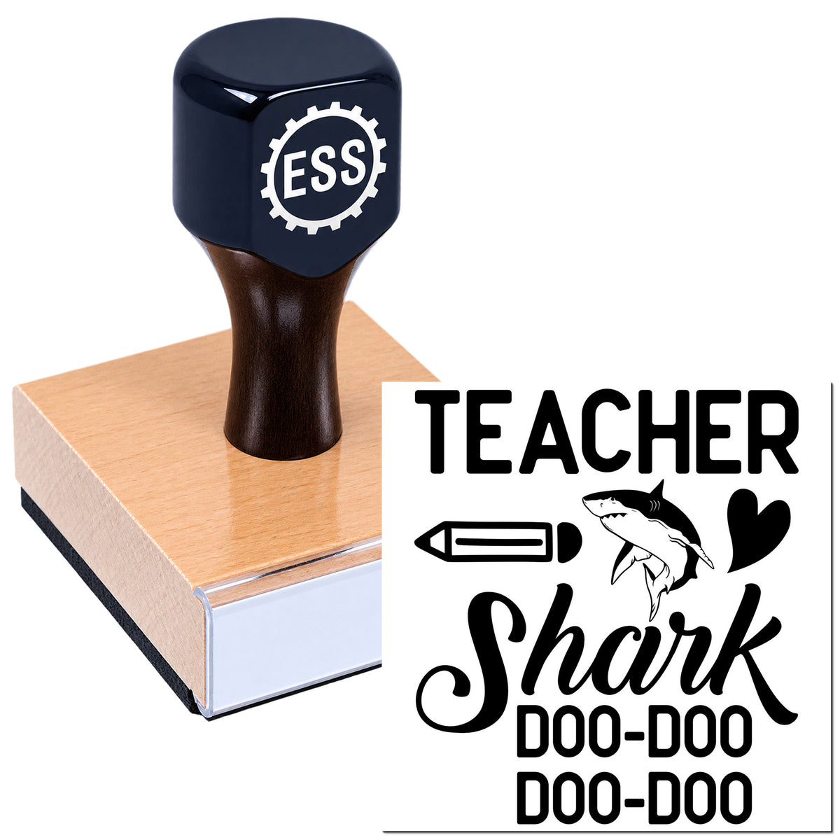 Dark navy ESS rubber stamp and seal with wooden base, featuring teacher shark doodle design.