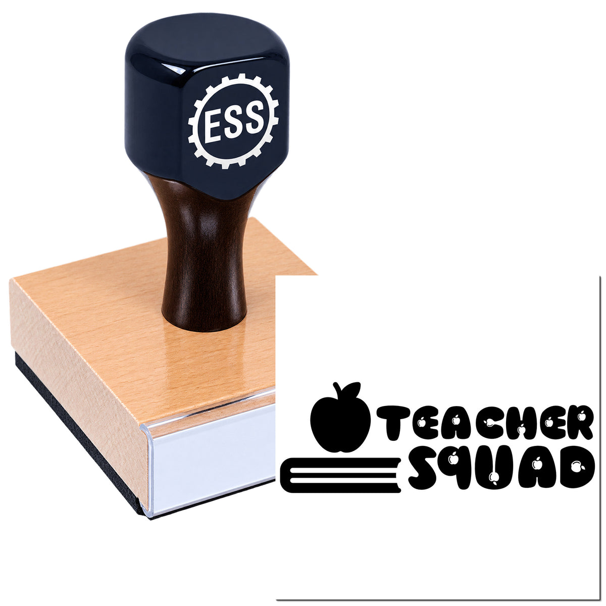 Dark navy ESS self-inking stamp and seal on a pink wood base, with Teacher Squad logo.