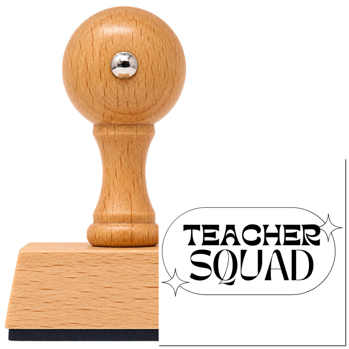 Vintage Pro beech wood stamp with a round knob handle, shown with its black Teacher Squad Sparkle Capsule imprint on white.