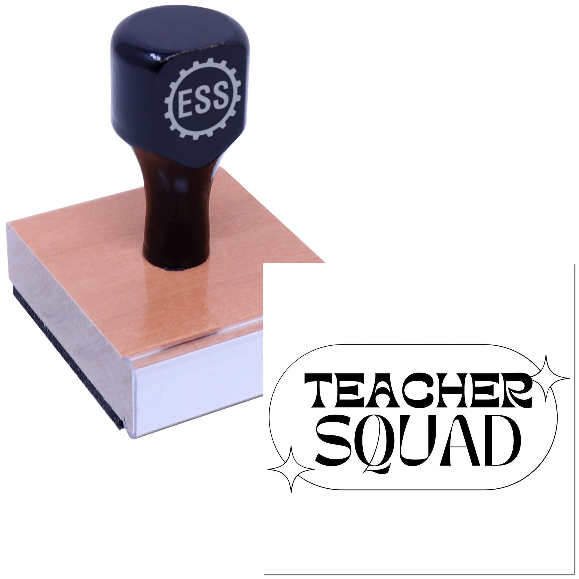 Black Teacher Squad custom rubber stamp with seal design on a wooden block and beige base.