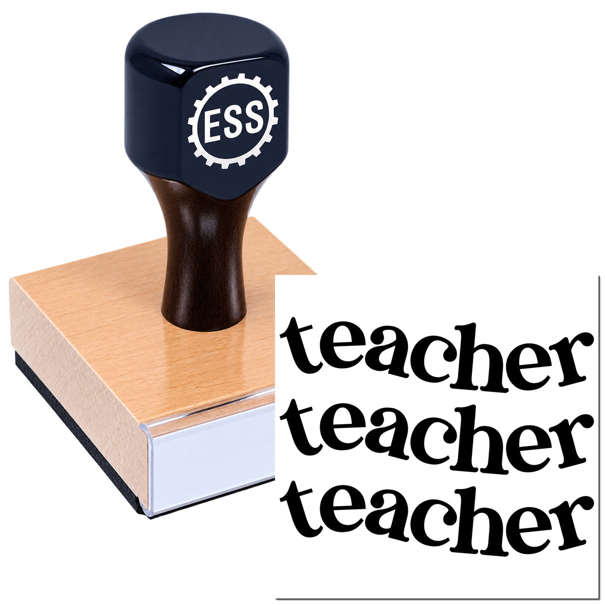 Black ESS teacher stamp seal on a wooden block, with repeated bold teacher text on a white background.
