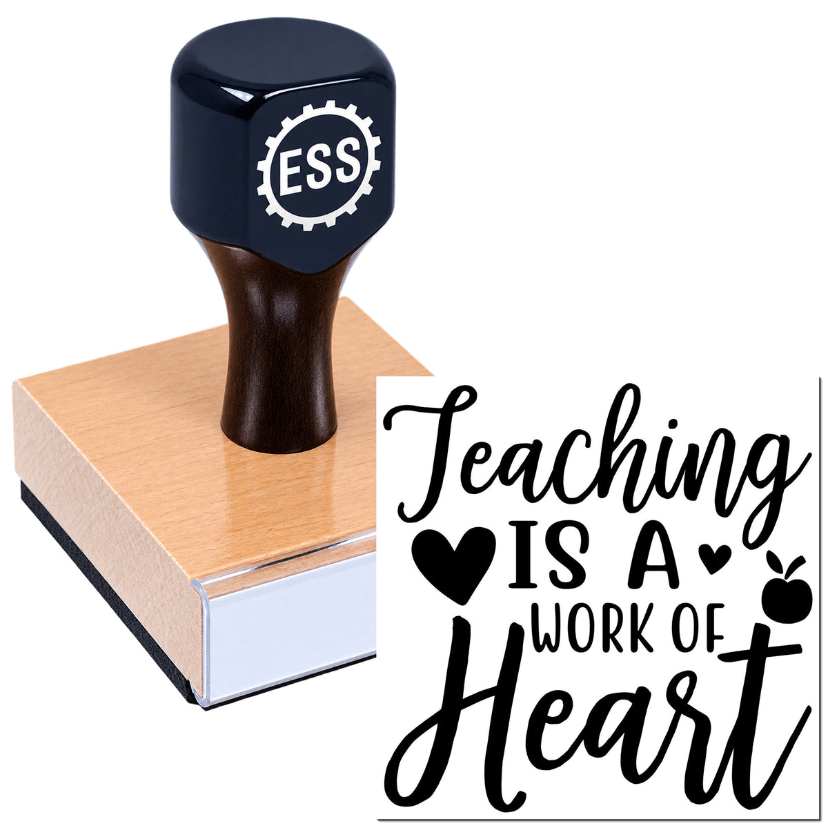 Dark blue custom stamp and seal on a book, imprinting black "Teaching is a work of heart" text