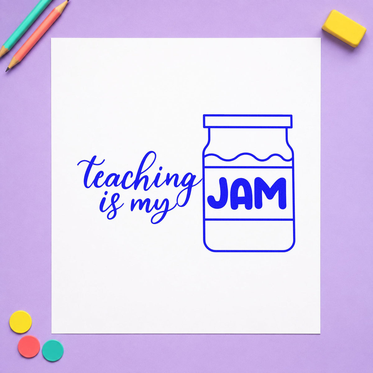 Teaching Is My Jam Jar craft stamp in blue ink on cardstock, an easy option for tea towel panels.