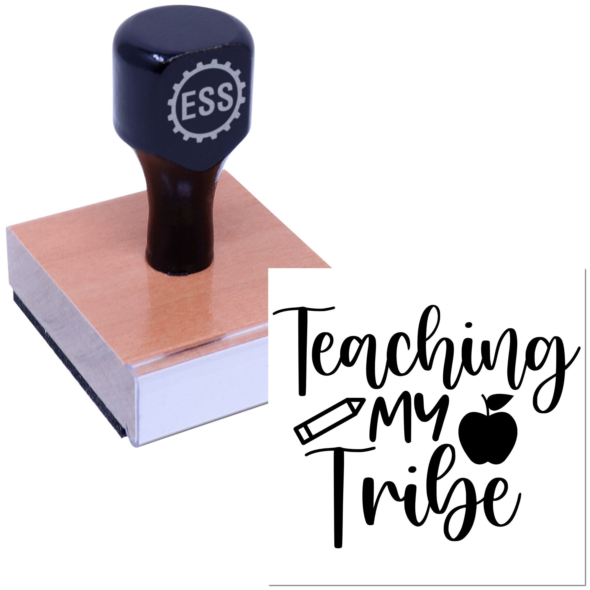 Navy ESS rubber stamp seal on a pink wooden block, with black Teaching My Tribe logo and apple icon.