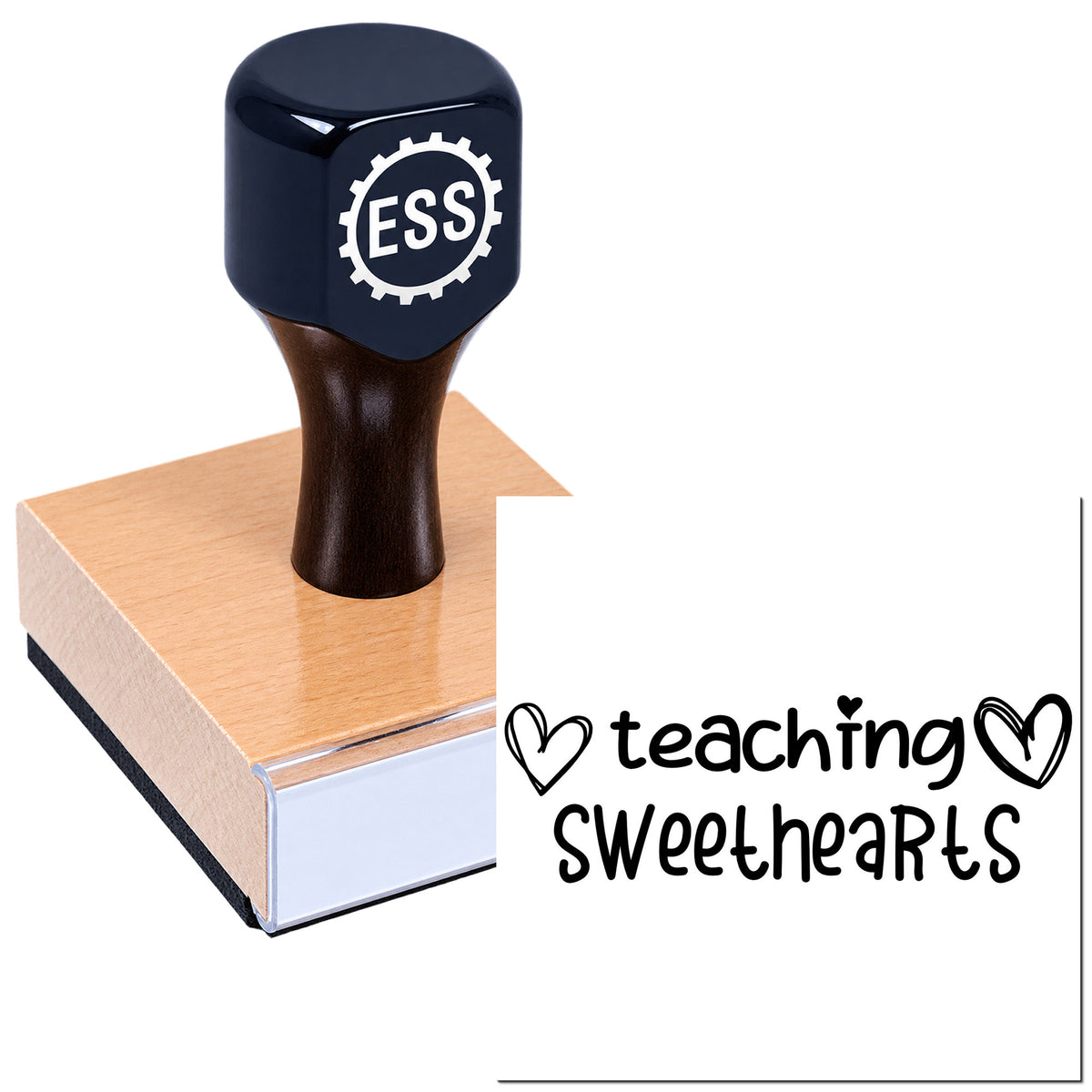 Black ESS teacher stamp and seal on pink base, with "teaching sweethearts" text and heart accents.