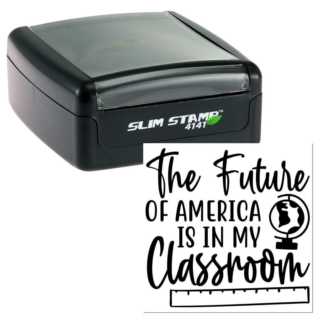 Trodat Slim America's Future Starts Here craft party favor pre-inked stamp with black ink, featuring a sleek design.