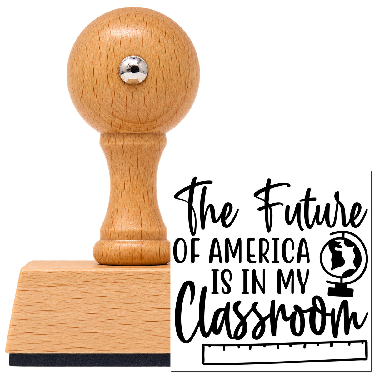 Vintage Pro beech wood stamp with a round knob handle, shown with its black Future America My Classroom imprint on white.