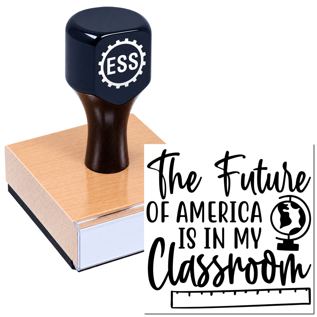 Black ESS rubber stamp and seal on copper block beside "The Future of America Is in My Classroom" design.