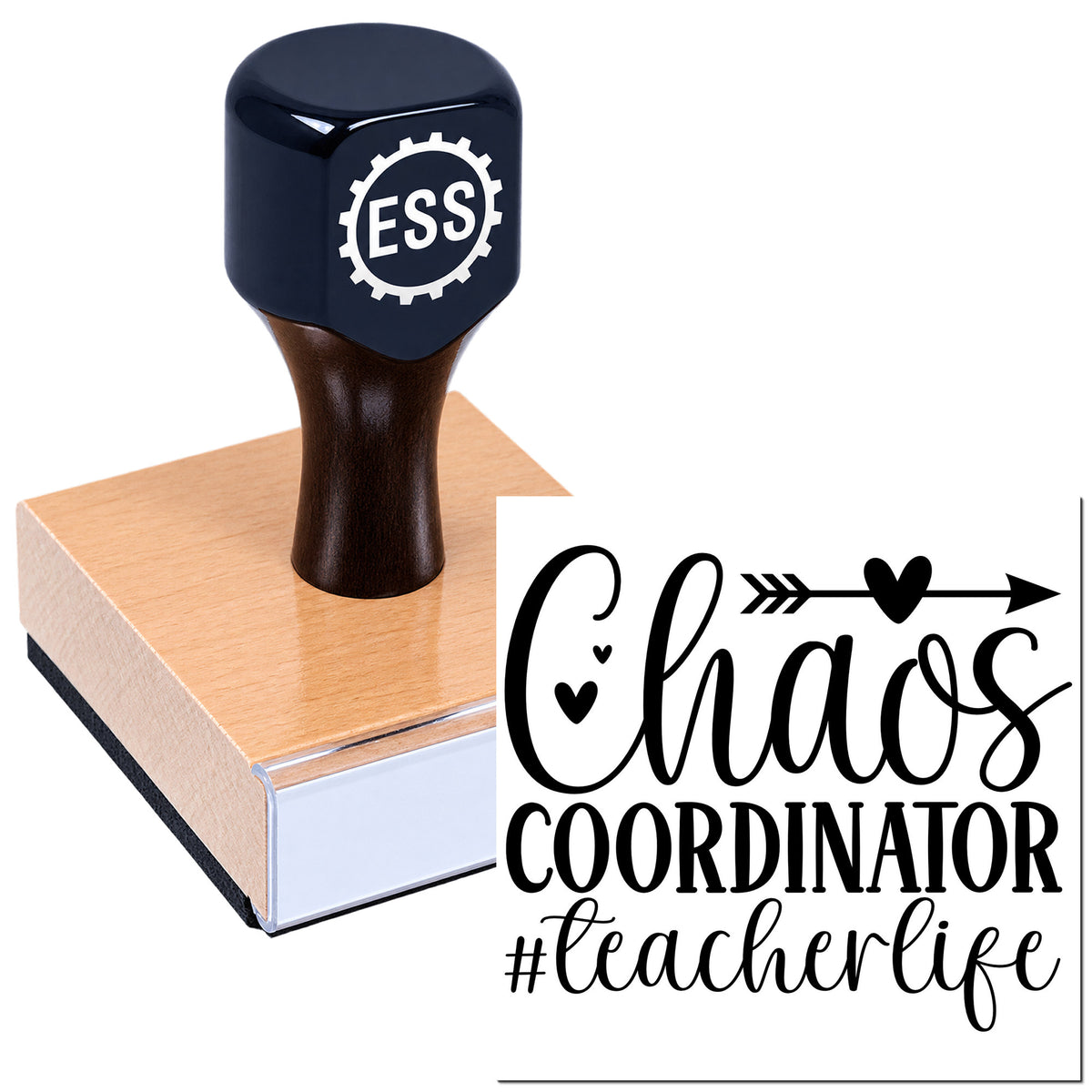 Dark navy custom rubber stamp on wood block with ESS logo and black "Chaos Coordinator #teacherlife" seal design.