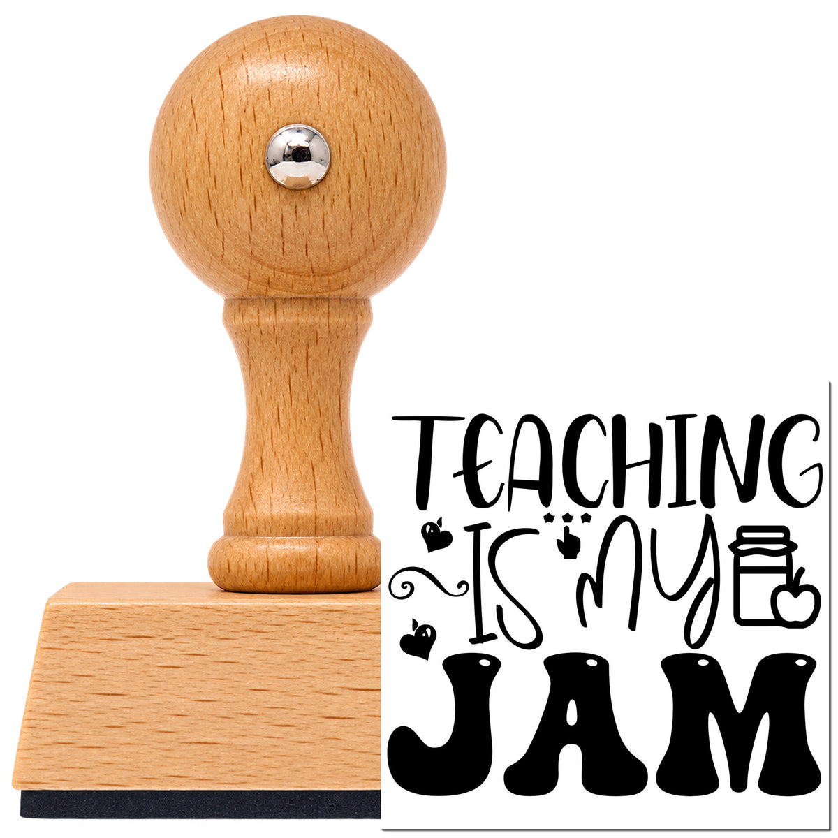 Vintage Pro beech wood stamp with a round knob handle, shown with its black Teaching Is My Jam Icons imprint on white.