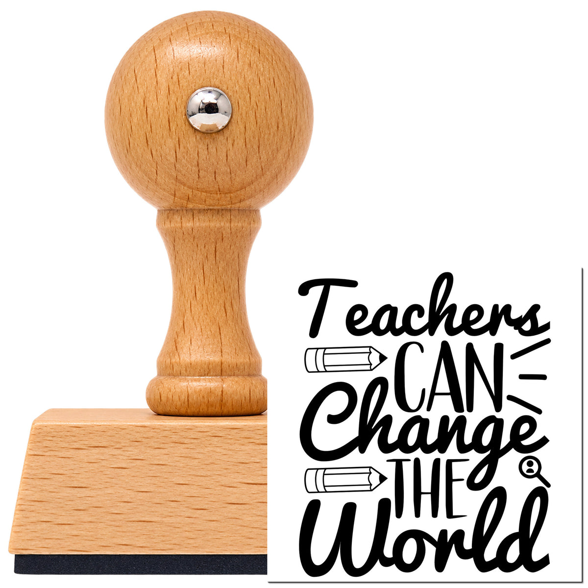 Vintage Pro beech wood stamp with a round knob handle, shown with its black Teachers Can Change World imprint on white.