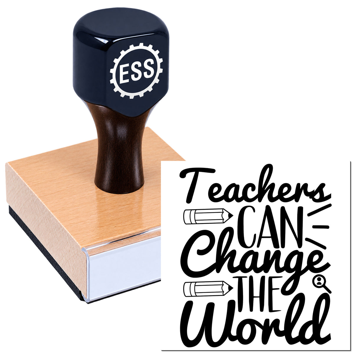 Dark blue ESS custom stamp on wooden seal base beside black Teachers Can Change the World design.