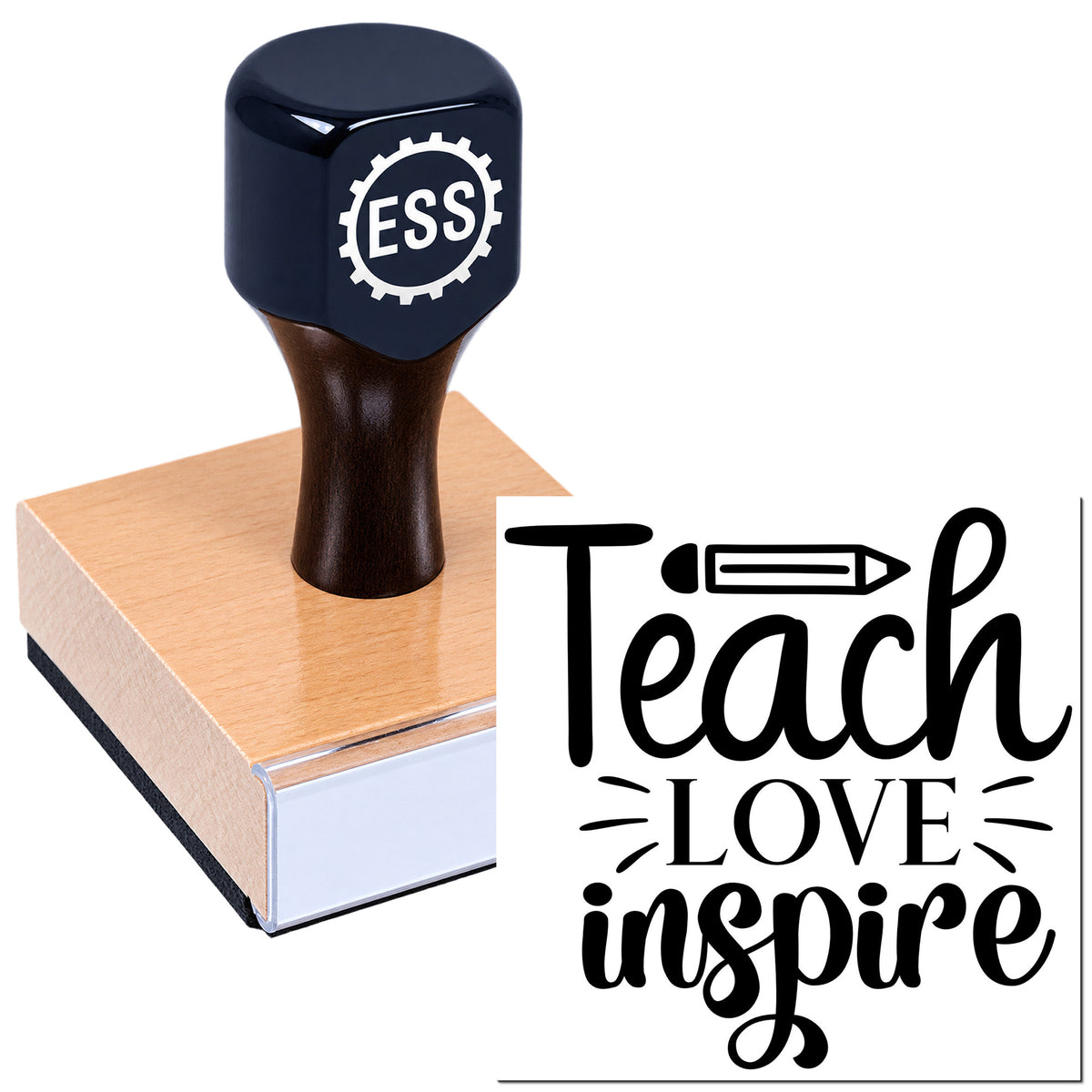 Navy ESS rubber stamp on a wooden base beside a black Teach Love Inspire seal design
