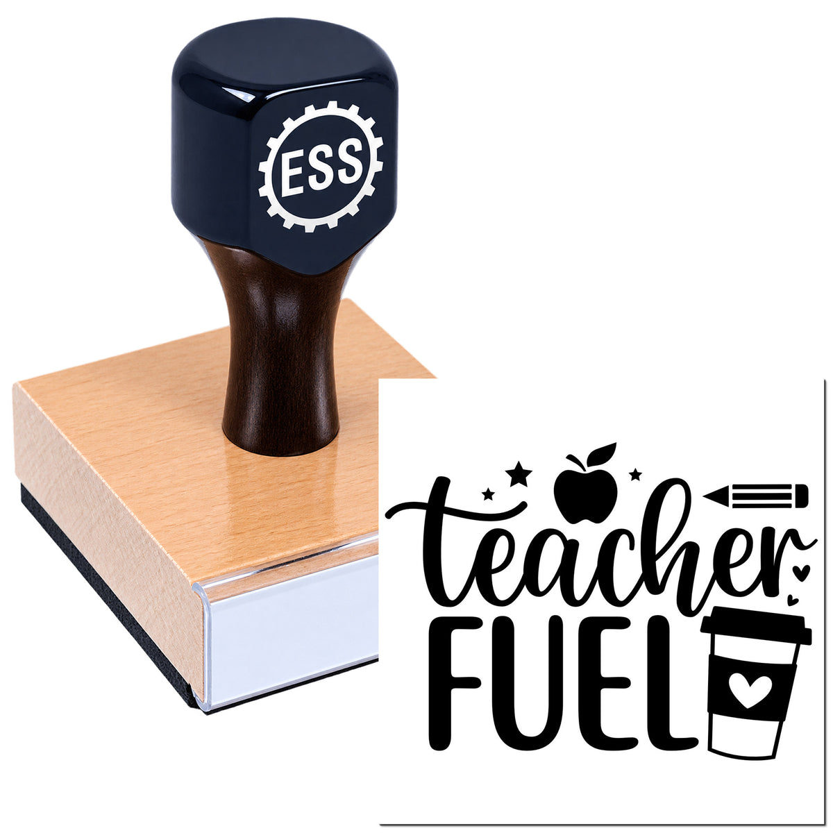 Black ESS self-inking stamp and seal on wooden block with teacher fuel design, apple and coffee cup graphic on white background