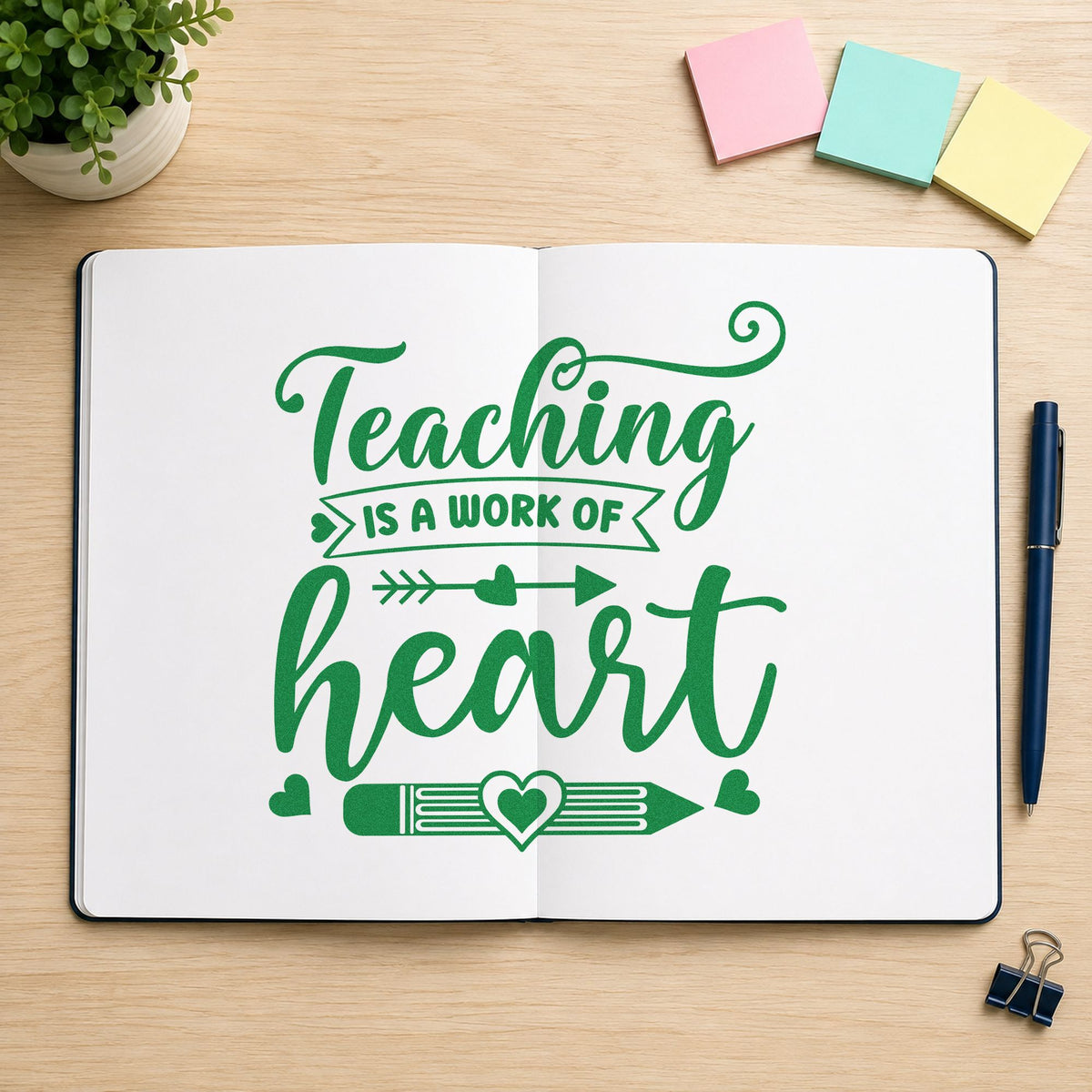 Teaching Work Of Heart Pencil craft stamp imprint in green ink on a handmade project, one idea being framed long service.