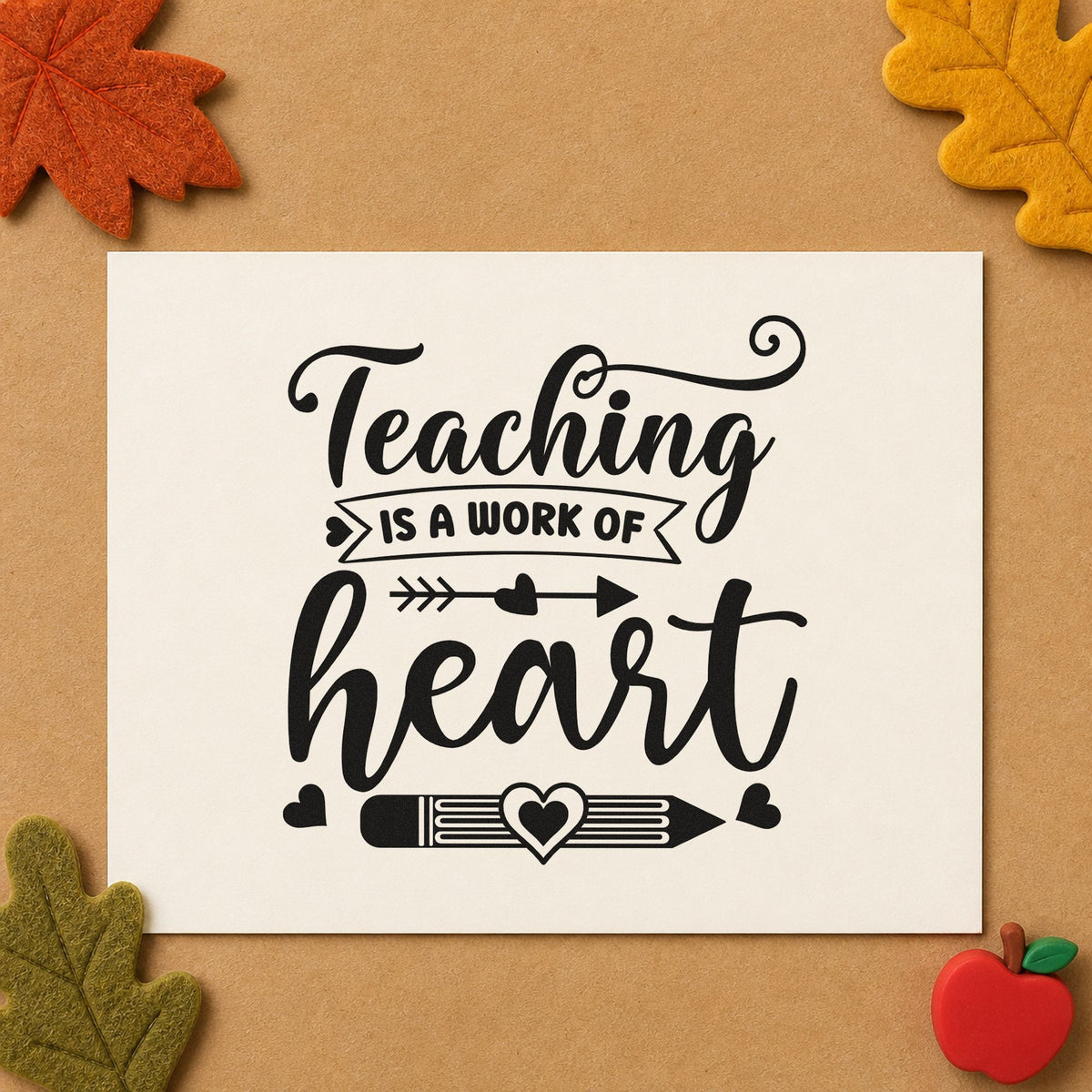 Teaching Work Of Heart Pencil rubber stamp printed in black ink, ready for banner arrow cards and similar paper crafts.