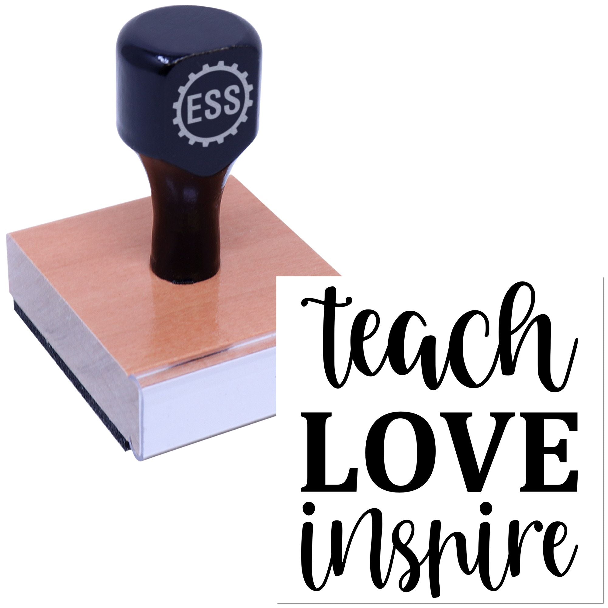 Dark blue ESS gear-shaped stamp on pink seal block beside black Teach Love Inspire text.