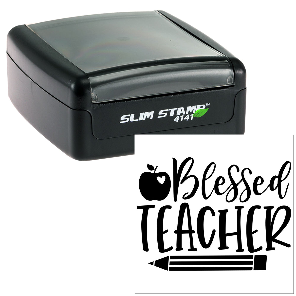 Black and gray Slim Stamp 4141 self-inking stamp with Blessed Teacher seal and pencil icon.